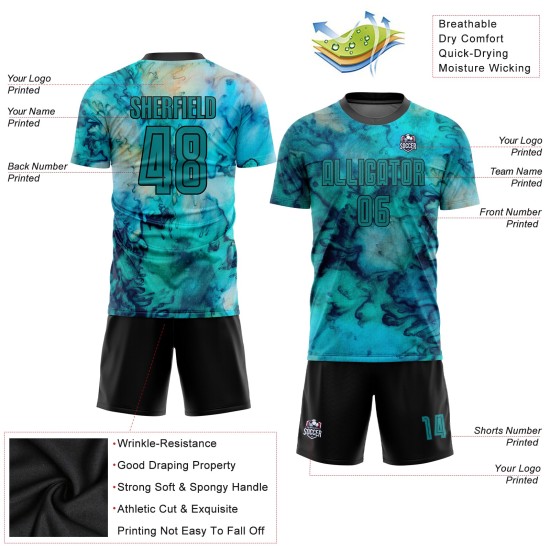 Soccer Custom Dye Tie Uniform Teal-Black Sublimation Jersey Soccer Custom Dye Tie Uniform Teal-Black Sublimation Jersey