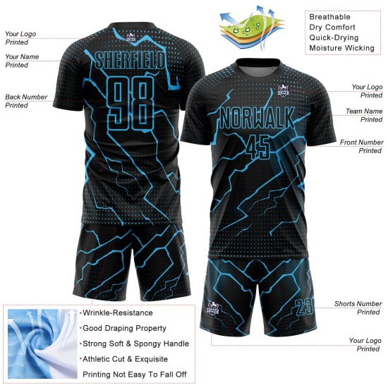 Lightning Black Soccer Sublimation Jersey Sky Blue Custom Uniform Lightning Black Soccer Sublimation Jersey Sky Blue Custom Uniform