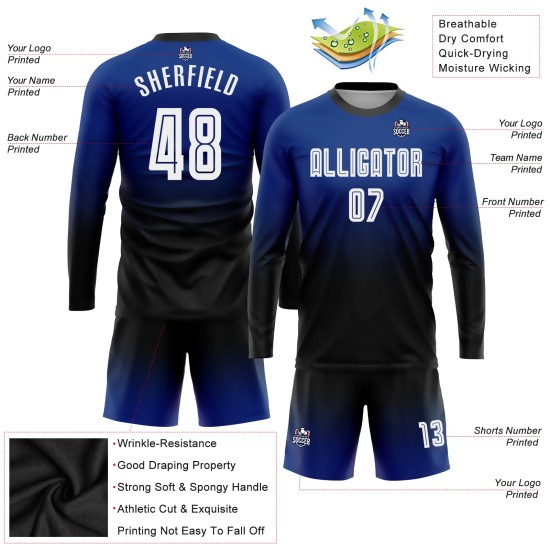 Fade Sleeve Soccer Sublimation Uniform Long White-Black Fashion Jersey Royal Custom Fade Sleeve Soccer Sublimation Uniform Long White-Black Fashion Jersey Royal Custom