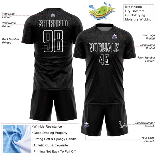 Black Soccer Geometric Jersey Sublimation Shapes Uniform Custom White Black Soccer Geometric Jersey Sublimation Shapes Uniform Custom White
