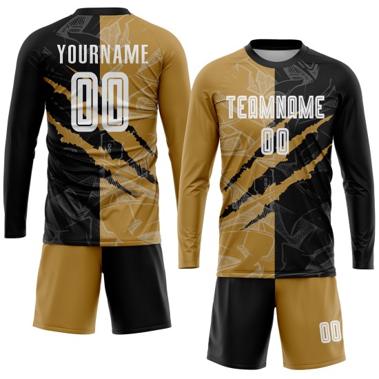 White Sublimation Black-Old Pattern Custom Soccer Scratch Jersey Gold Uniform Graffiti White Sublimation Black-Old Pattern Custom Soccer Scratch Jersey Gold Uniform Graffiti