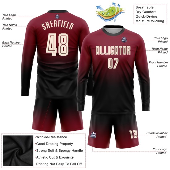 Soccer Fade Cream-Black Custom Jersey Sleeve Crimson Uniform Fashion Sublimation Long Soccer Fade Cream-Black Custom Jersey Sleeve Crimson Uniform Fashion Sublimation Long