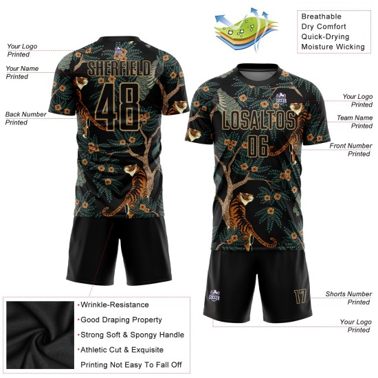 Black Gold Jersey Tiger Uniform Old Custom And Peacock Sublimation Soccer Black Gold Jersey Tiger Uniform Old Custom And Peacock Sublimation Soccer