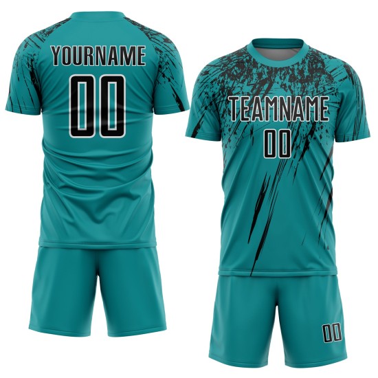 Uniform Sublimation Jersey Teal Soccer Black-White Custom Uniform Sublimation Jersey Teal Soccer Black-White Custom