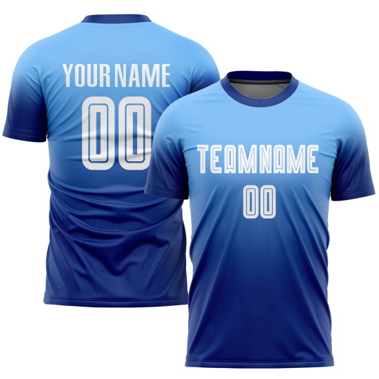 Custom White-Royal Light Sublimation Uniform Fashion Blue Fade Soccer Jersey Custom White-Royal Light Sublimation Uniform Fashion Blue Fade Soccer Jersey