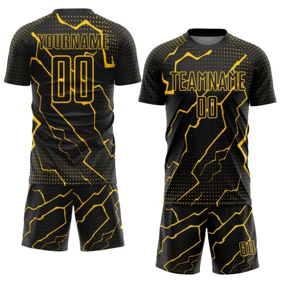 Custom Black Sublimation Soccer Jersey Yellow Uniform Lightning Custom Black Sublimation Soccer Jersey Yellow Uniform Lightning