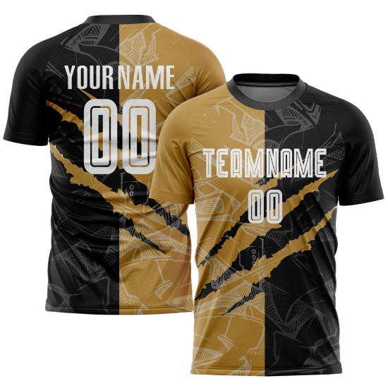 White Sublimation Black-Old Pattern Custom Soccer Scratch Jersey Gold Uniform Graffiti White Sublimation Black-Old Pattern Custom Soccer Scratch Jersey Gold Uniform Graffiti
