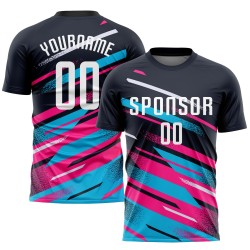 Pink-Light Blue Custom Uniform Soccer Sublimation White Jersey Navy