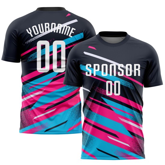 Pink-Light Blue Custom Uniform Soccer Sublimation White Jersey Navy Pink-Light Blue Custom Uniform Soccer Sublimation White Jersey Navy