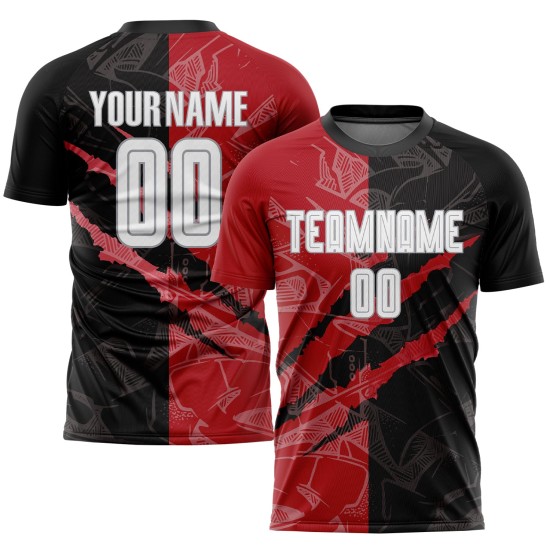 White Custom Graffiti Red-Gray Jersey Soccer Scratch Sublimation Uniform Black Pattern White Custom Graffiti Red-Gray Jersey Soccer Scratch Sublimation Uniform Black Pattern
