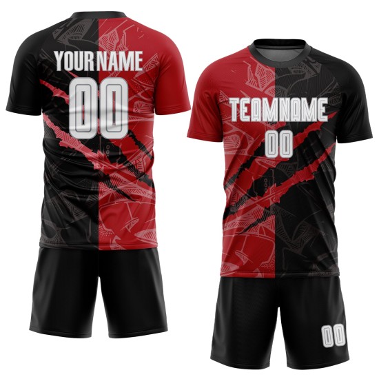 White Custom Graffiti Red-Gray Jersey Soccer Scratch Sublimation Uniform Black Pattern White Custom Graffiti Red-Gray Jersey Soccer Scratch Sublimation Uniform Black Pattern