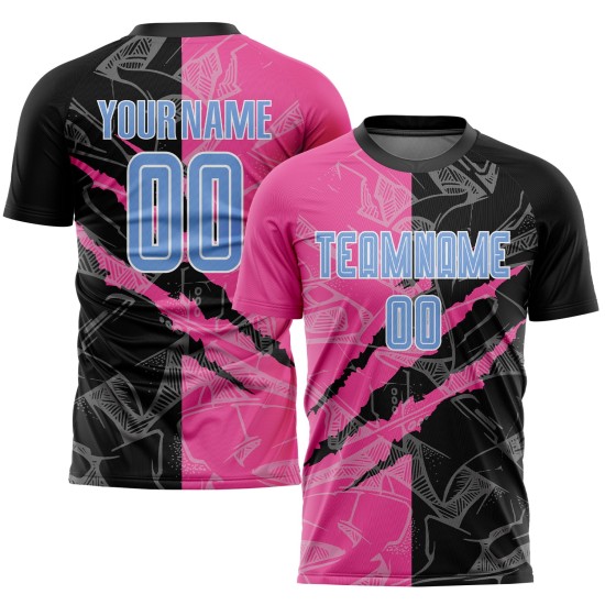 Sublimation Pattern Blue Light Graffiti Uniform Scratch Custom Black-Pink Soccer Jersey Sublimation Pattern Blue Light Graffiti Uniform Scratch Custom Black-Pink Soccer Jersey