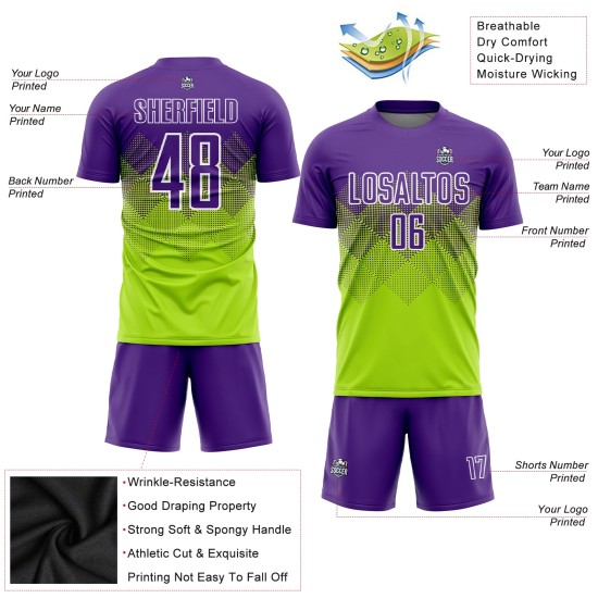 Purple-White Sublimation Custom Jersey Green Neon Soccer Uniform Purple-White Sublimation Custom Jersey Green Neon Soccer Uniform