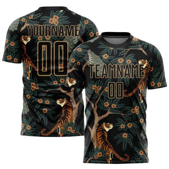 Black Gold Jersey Tiger Uniform Old Custom And Peacock Sublimation Soccer Black Gold Jersey Tiger Uniform Old Custom And Peacock Sublimation Soccer