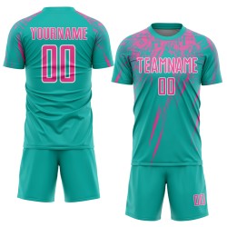 Soccer Custom Sublimation Aqua Jersey Uniform Pink-White