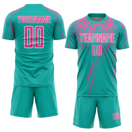 Soccer Custom Sublimation Aqua Jersey Uniform Pink-White Soccer Custom Sublimation Aqua Jersey Uniform Pink-White