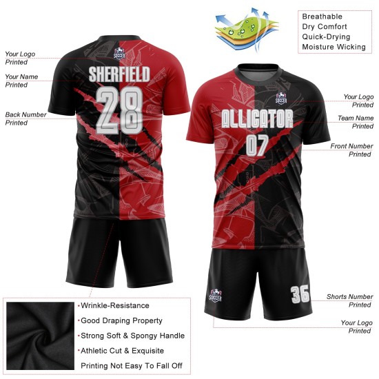 White Custom Graffiti Red-Gray Jersey Soccer Scratch Sublimation Uniform Black Pattern White Custom Graffiti Red-Gray Jersey Soccer Scratch Sublimation Uniform Black Pattern
