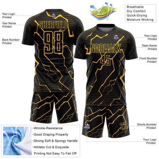 Custom Black Sublimation Soccer Jersey Yellow Uniform Lightning Custom Black Sublimation Soccer Jersey Yellow Uniform Lightning