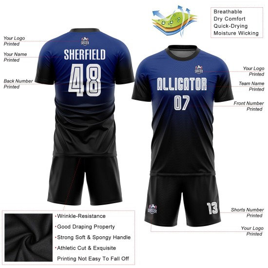 Fade Soccer Custom Jersey White-Black Royal Uniform Sublimation Fashion Fade Soccer Custom Jersey White-Black Royal Uniform Sublimation Fashion