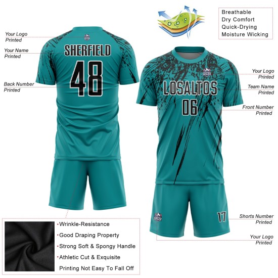 Uniform Sublimation Jersey Teal Soccer Black-White Custom Uniform Sublimation Jersey Teal Soccer Black-White Custom