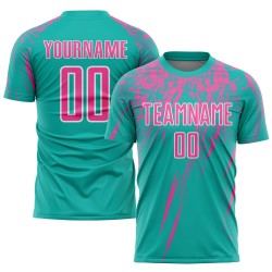 Soccer Custom Sublimation Aqua Jersey Uniform Pink-White