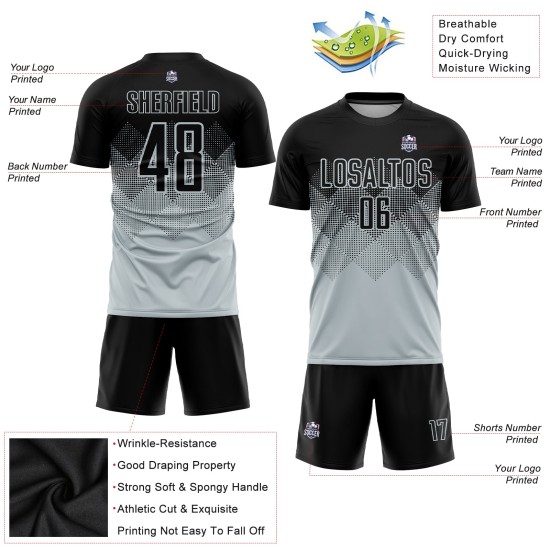 Custom Black Sublimation Soccer Silver Jersey Uniform Custom Black Sublimation Soccer Silver Jersey Uniform
