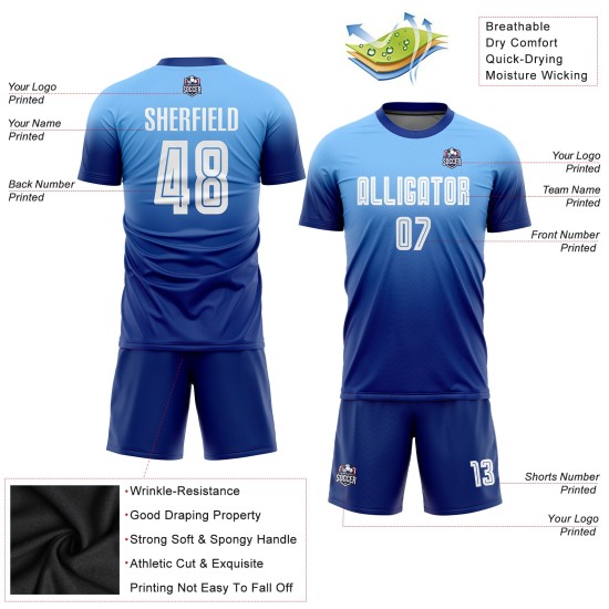 Custom White-Royal Light Sublimation Uniform Fashion Blue Fade Soccer Jersey Custom White-Royal Light Sublimation Uniform Fashion Blue Fade Soccer Jersey
