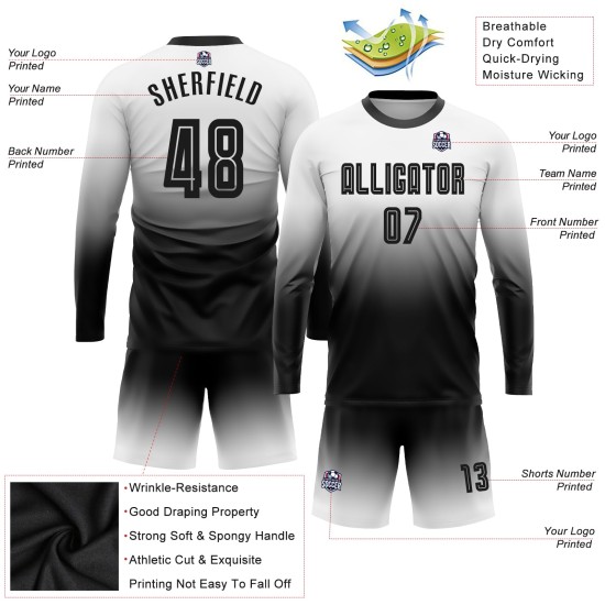 Fashion Sublimation Jersey Uniform Fade Black Sleeve Soccer Custom Long White Fashion Sublimation Jersey Uniform Fade Black Sleeve Soccer Custom Long White