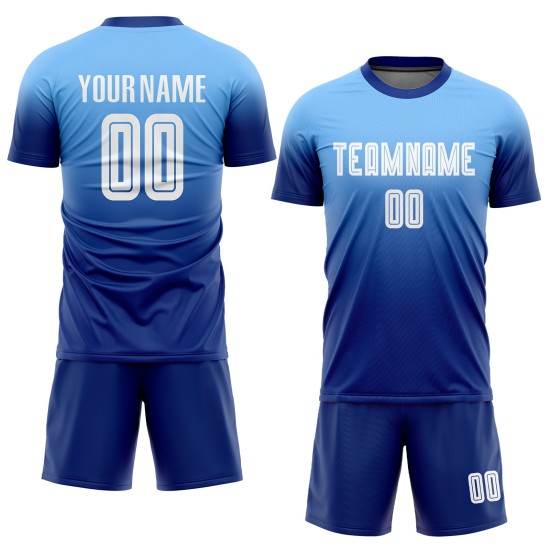Custom White-Royal Light Sublimation Uniform Fashion Blue Fade Soccer Jersey Custom White-Royal Light Sublimation Uniform Fashion Blue Fade Soccer Jersey
